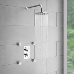 Cruze Bathrooms Cruze Concealed Thermostatic Valve With Diverter, Fixed Shower Head + 4 Body Jets